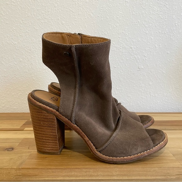 UGG Bootie Valencia Chestnut Brown Suede Leather Peep Toe Stacked Heel Size 7.5 - Picture 8 of 13